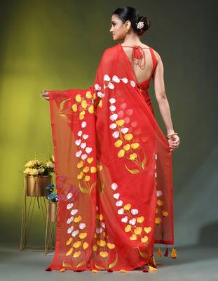 red mulmul saree with painted floral motifs 4