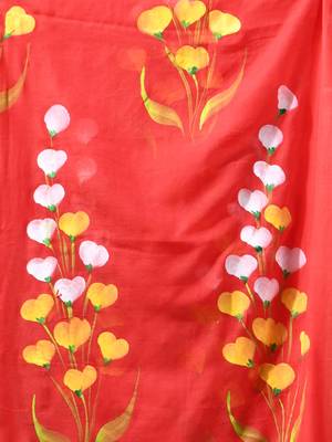 red mulmul saree with painted floral motifs 5