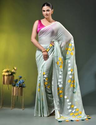 sage green mulmul saree with painted floral motifs 1
