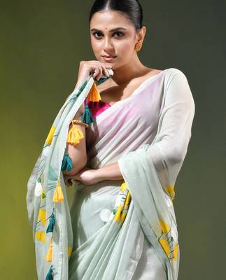 sage green mulmul saree with painted floral motifs 2