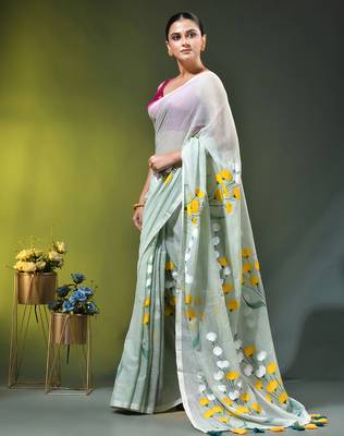 sage green mulmul saree with painted floral motifs 3