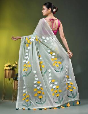 sage green mulmul saree with painted floral motifs 4