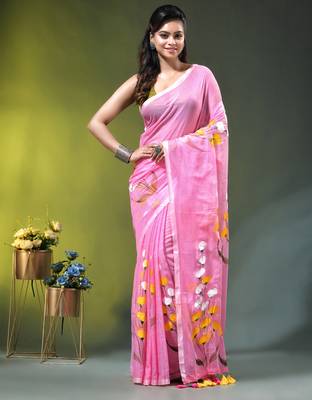 light pink mulmul saree with painted floral motifs 1