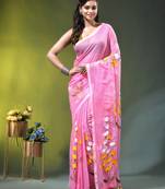 light pink mulmul saree with painted floral motifs
