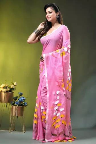 light pink mulmul saree with painted floral motifs