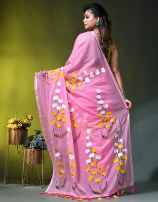 light pink mulmul saree with painted floral motifs 4