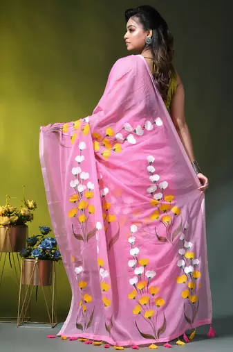light pink mulmul saree with painted floral motifs