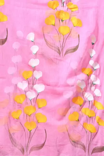 light pink mulmul saree with painted floral motifs