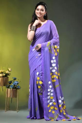 violet mulmul saree with painted floral motifs