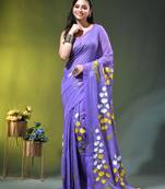 violet mulmul saree with painted floral motifs