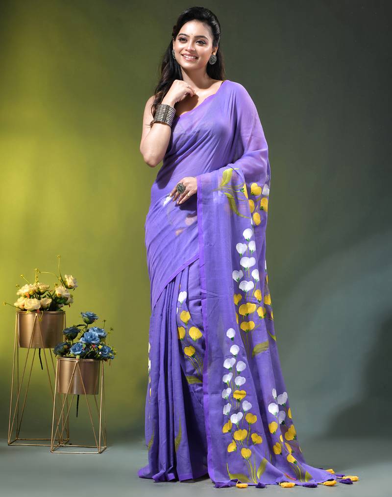 violet mulmul saree with painted floral motifs