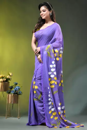 violet mulmul saree with painted floral motifs
