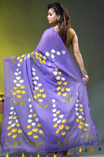violet mulmul saree with painted floral motifs