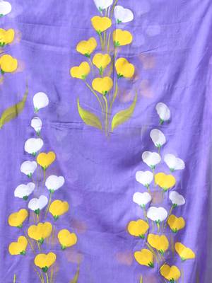 violet mulmul saree with painted floral motifs 5