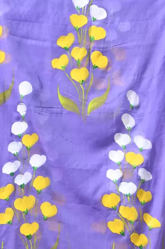 violet mulmul saree with painted floral motifs