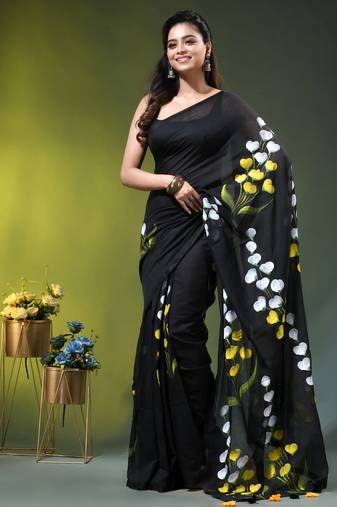 black mulmul saree with painted floral motifs