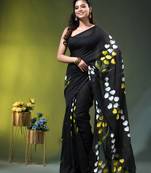 black mulmul saree with painted floral motifs