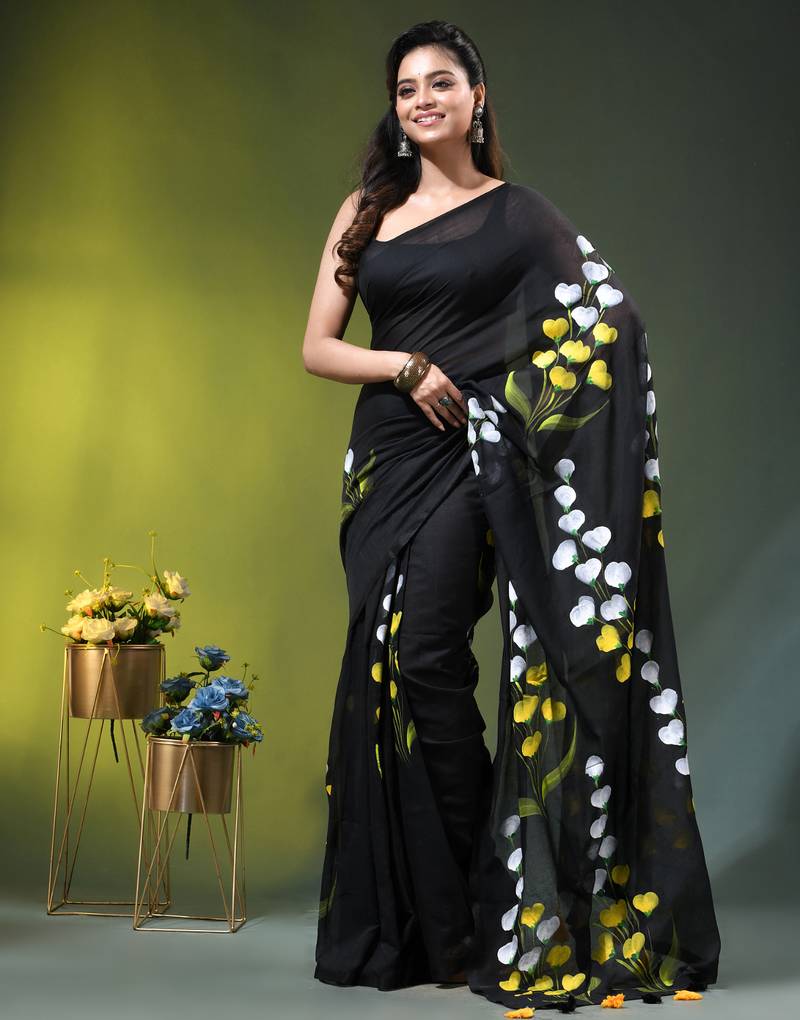 black mulmul saree with painted floral motifs