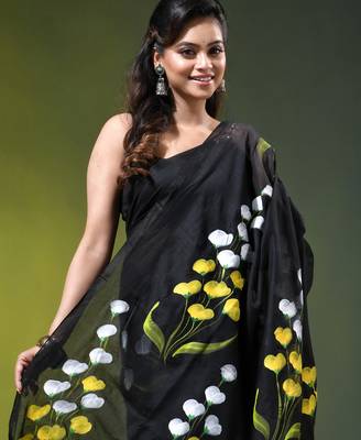 black mulmul saree with painted floral motifs 2