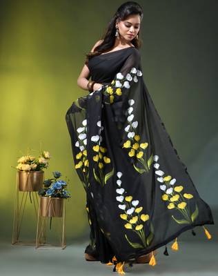 black mulmul saree with painted floral motifs 3