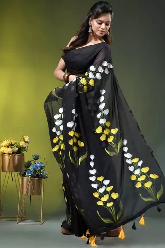 black mulmul saree with painted floral motifs