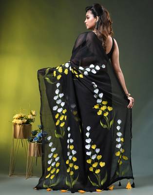 black mulmul saree with painted floral motifs 4