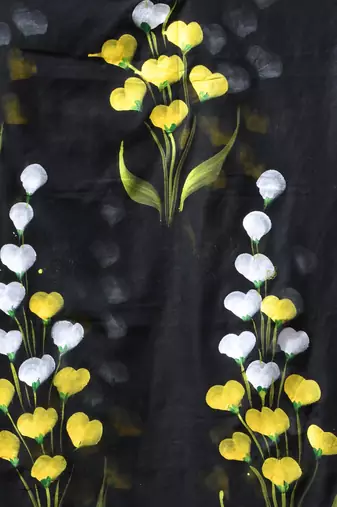 black mulmul saree with painted floral motifs
