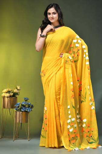 yellow mulmul saree with painted floral motifs