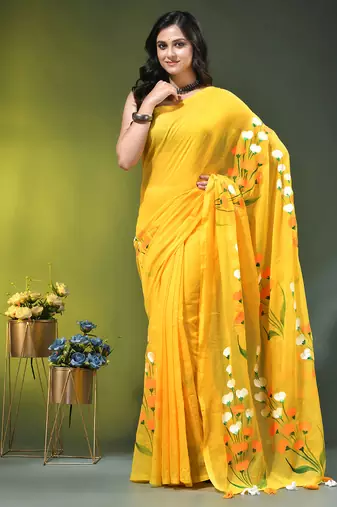 yellow mulmul saree with painted floral motifs