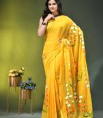 yellow mulmul saree with painted floral motifs