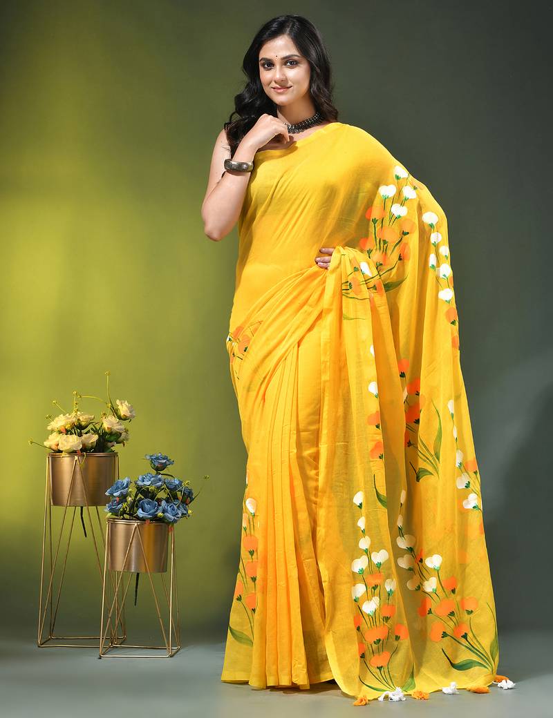 yellow mulmul saree with painted floral motifs
