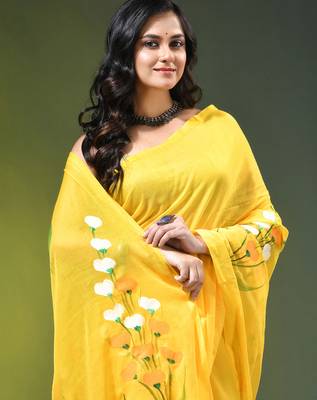 yellow mulmul saree with painted floral motifs 2
