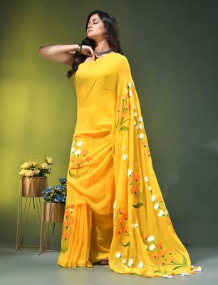 yellow mulmul saree with painted floral motifs 3