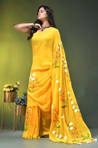 yellow mulmul saree with painted floral motifs