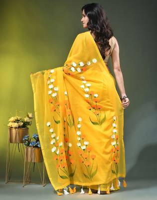 yellow mulmul saree with painted floral motifs 4