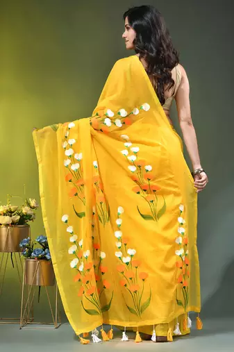 yellow mulmul saree with painted floral motifs