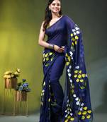 royal blue mulmul saree with painted floral motifs