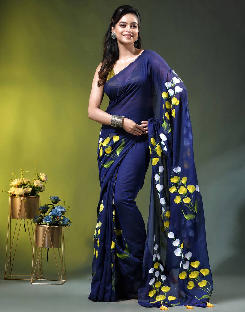 royal blue mulmul saree with painted floral motifs