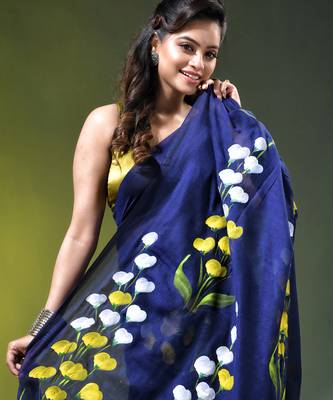 royal blue mulmul saree with painted floral motifs 2