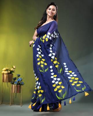 royal blue mulmul saree with painted floral motifs 3