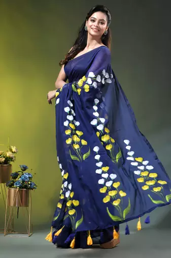royal blue mulmul saree with painted floral motifs