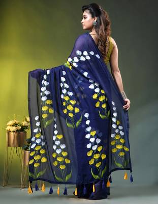 royal blue mulmul saree with painted floral motifs 4