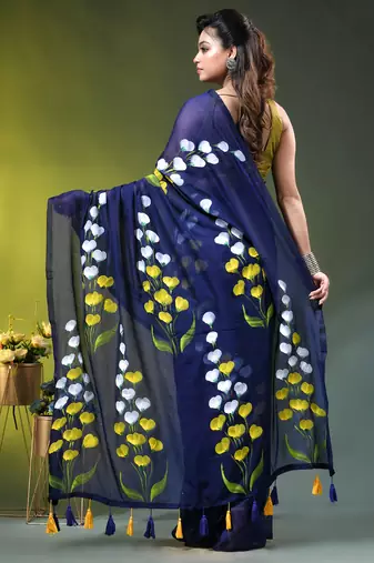 royal blue mulmul saree with painted floral motifs