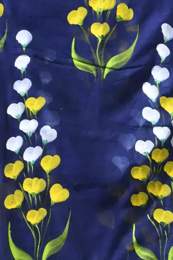 royal blue mulmul saree with painted floral motifs