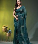 teal mulmul cotton blend saree with lotus sequin work