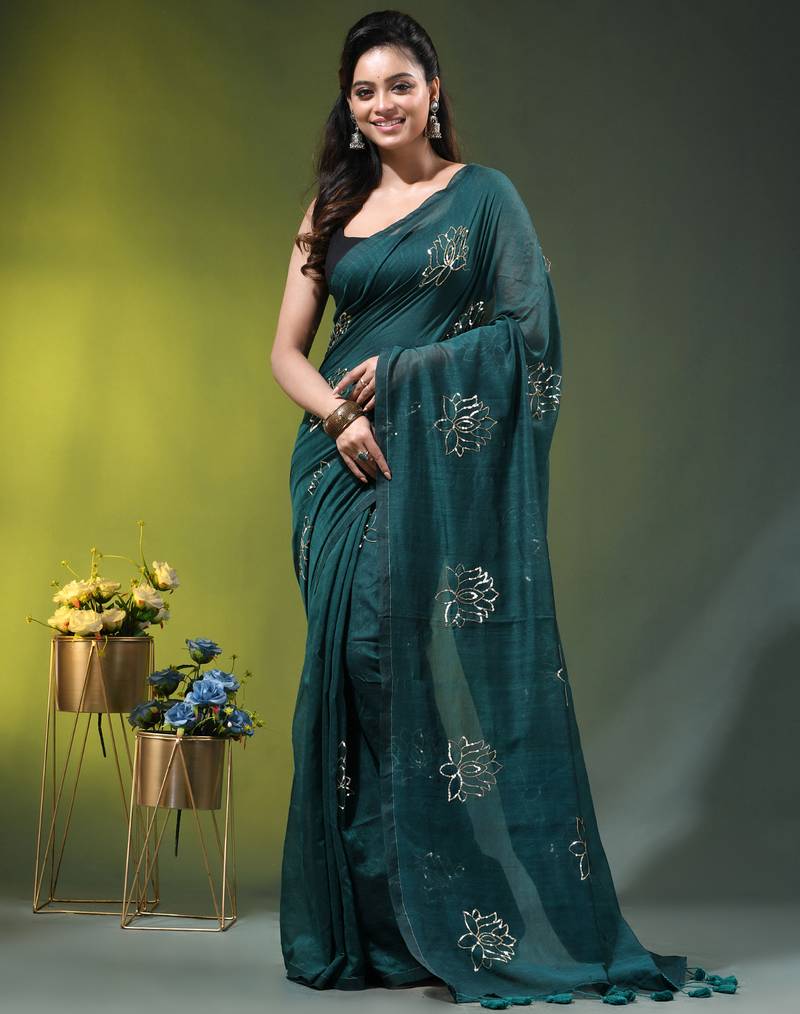 teal mulmul cotton blend saree with lotus sequin work
