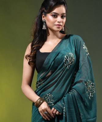 teal mulmul cotton blend saree with lotus sequin work 2