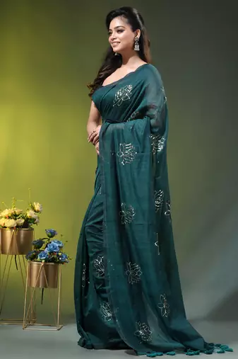 teal mulmul cotton blend saree with lotus sequin work