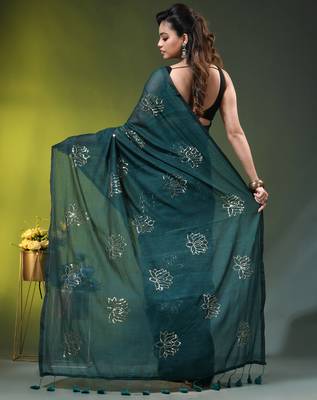 teal mulmul cotton blend saree with lotus sequin work 4