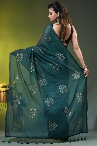 teal mulmul cotton blend saree with lotus sequin work